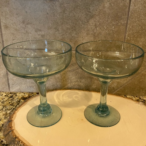 Mexican Hand Blown Bubbled Margarita Cocktail Green Heavy Thick Glasses Set of 2 - Picture 5 of 7